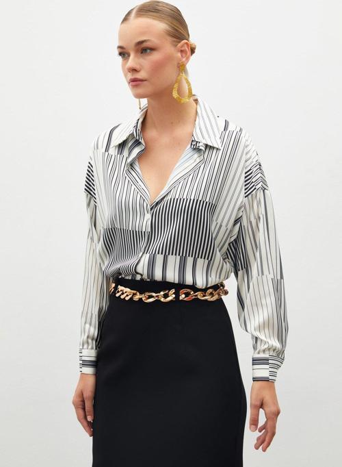 Çizgili Düz Gömlek - Siyah