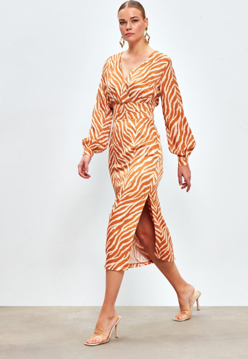 Zebra Desenli Saten Etek - Camel