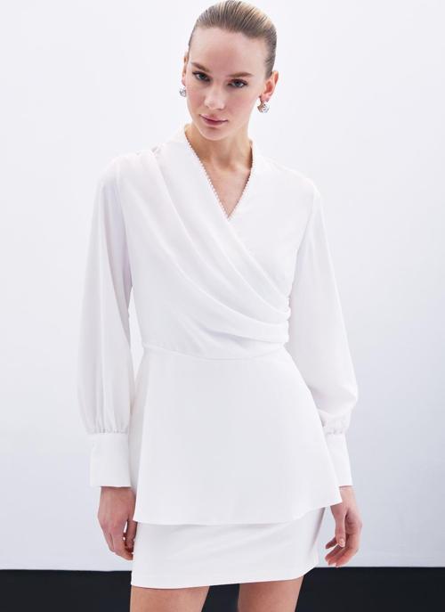 Boncuklu Yaka Kruvaze Bluz - Ekru