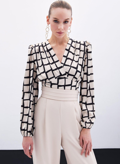 Desenli Crop Bluz - Bej