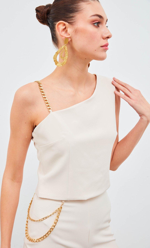 Zincir Askı Detaylı Crop Bluz - Bej