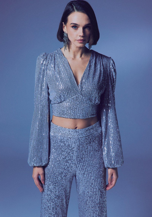 Kruvaze Payetli Crop Bluz - Gümüş