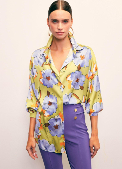 Çiçek Desenli Oversize Gömlek - Olive