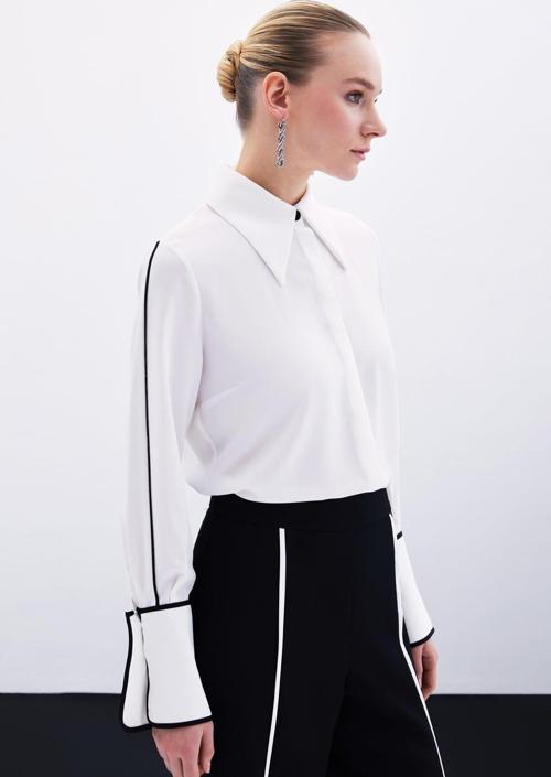 Klasik Manşetli Kontrast Gömlek - Ekru