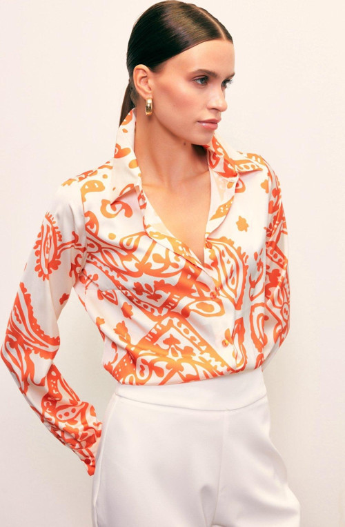 Desenli Salaş Saten Gömlek - Oranj