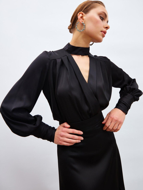 Drape Detaylı Bodysuit Bluz - Siyah