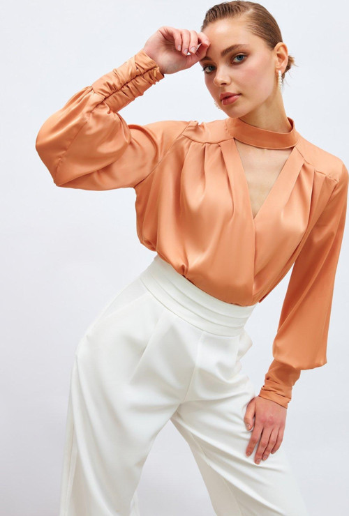 Drape Detaylı Bodysuit Bluz - Somon