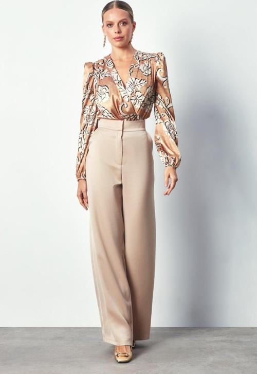 Desenli Bodysuit Bluz - Camel