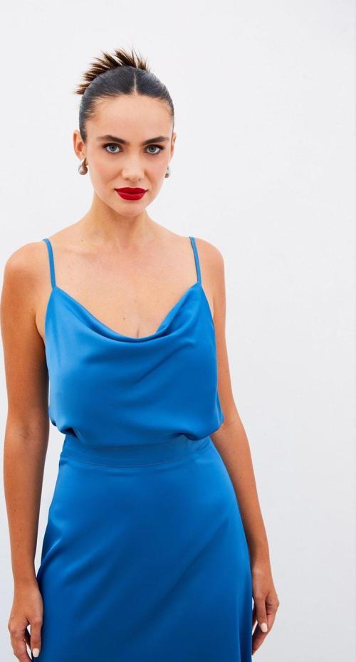 Degaje Yaka Saten Bluz - İndigo