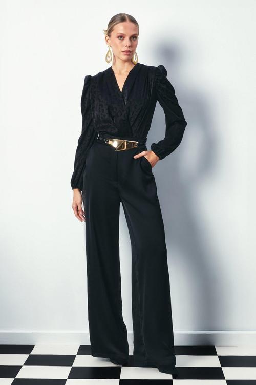 Kruvaze Desenli Bodysuit Bluz - Siyah