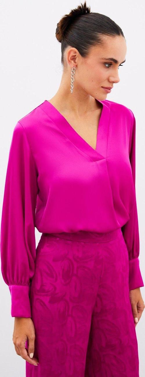 V Yaka Saten Bluz - Fuşya