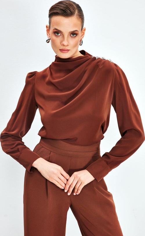 Düğmeleri Taş Detaylı Bluz - Kahve