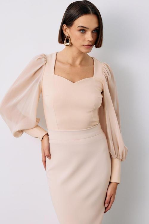 Balon Kol Crop Bluz - Bej