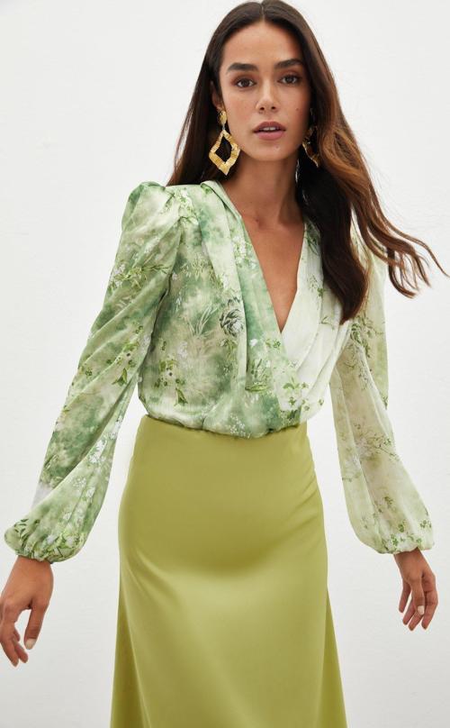 Çiçek Desenli Bodysuit Bluz - Çağla Yeşili