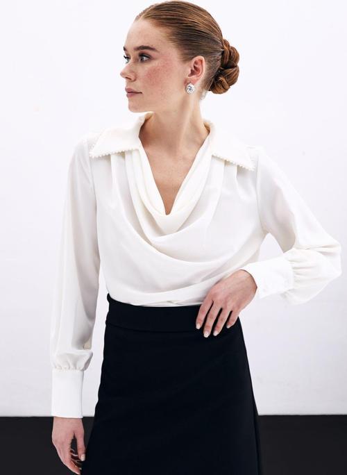 Degaje Yaka İncili Salaş Bluz - Ekru