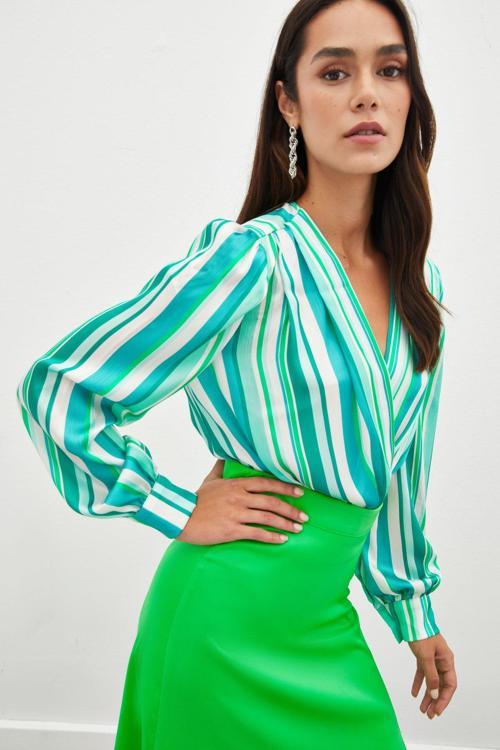 Çizgili Bodysuit Bluz - Çağla Yeşili