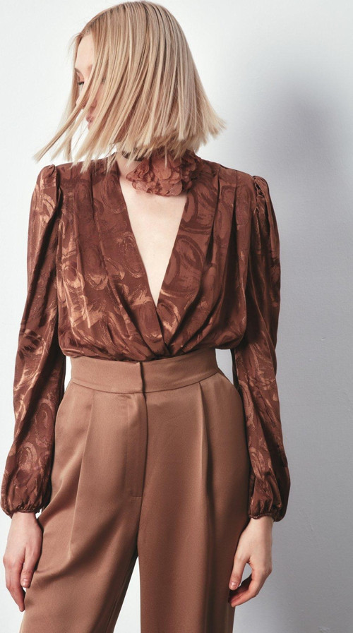 Desenli Kruvaze Bodysuit - Kahve