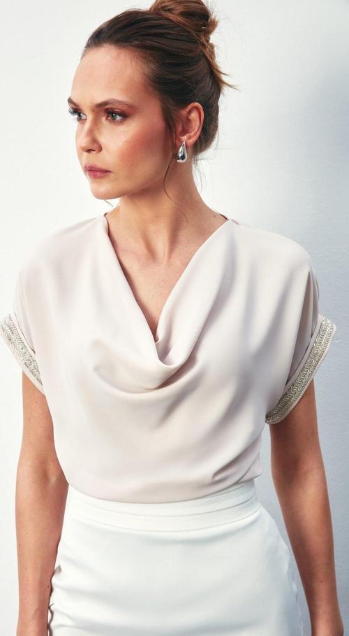 Kollar Taş Detaylı Salaş Bluz - Bej