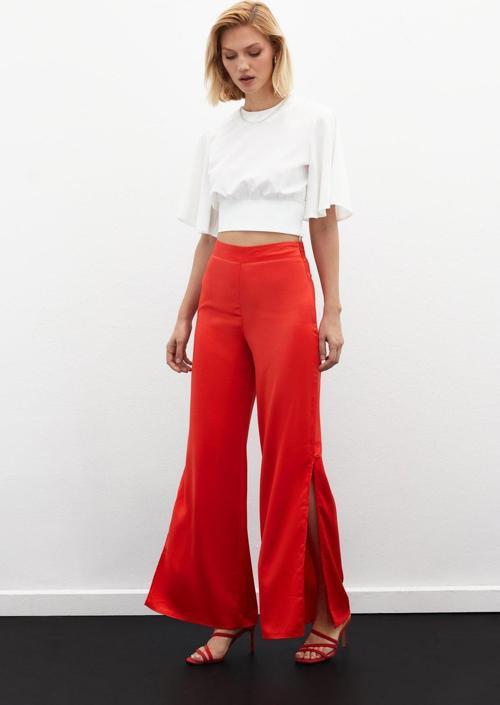 Yırtmaç Detaylı Saten Pantolon - Mercan