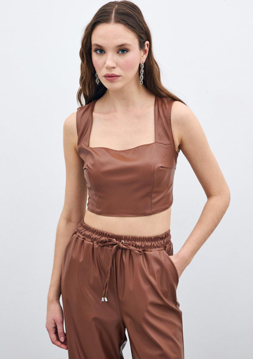 Kare Yaka Deri Crop - Kahve