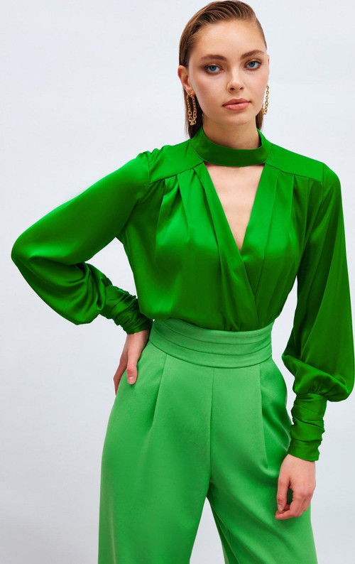 Drape Detaylı Bodysuit Bluz - Yeşil