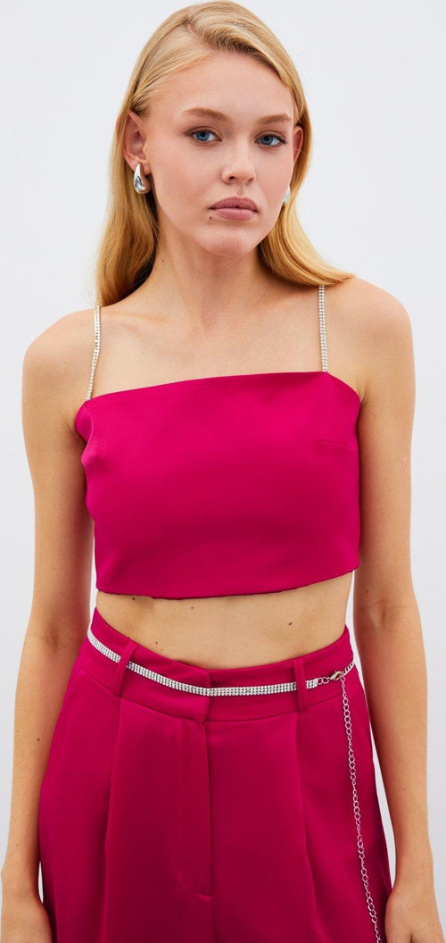 Taş Askılı Saten Crop Bluz - Mercan