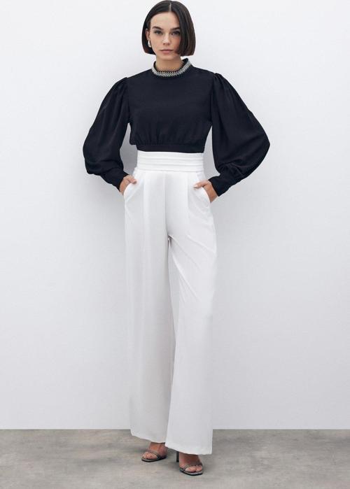 Bel Detaylı Cepli Pantolon - Ekru