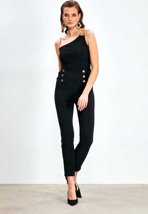 Düğme Detaylı Pantolon - Siyah