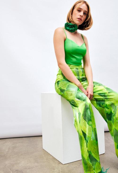 İp Askılı Saten Crop Bluz - Açık Yeşil