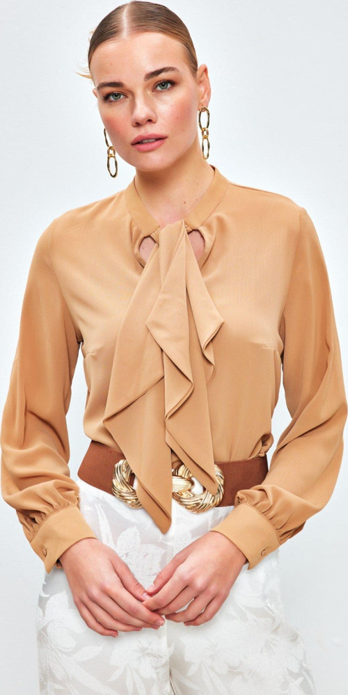 Fular Detaylı Salaş Bluz - Camel
