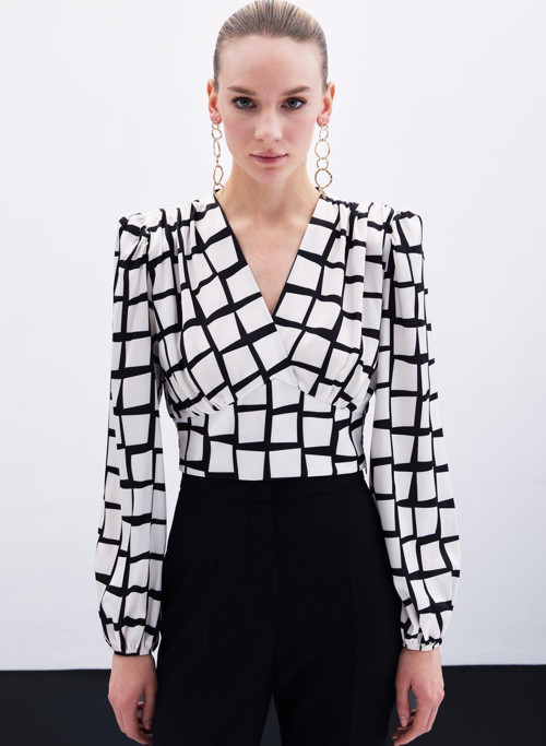 Desenli Crop Bluz - Ekru