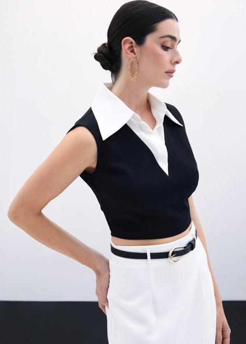 Gömlek Yaka Kısa Bluz - Siyah