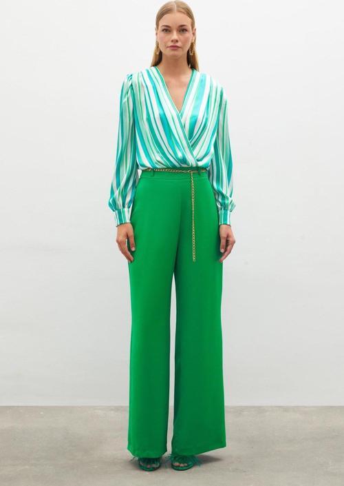 Zincirli Saten Krep Pantolon - Yeşil