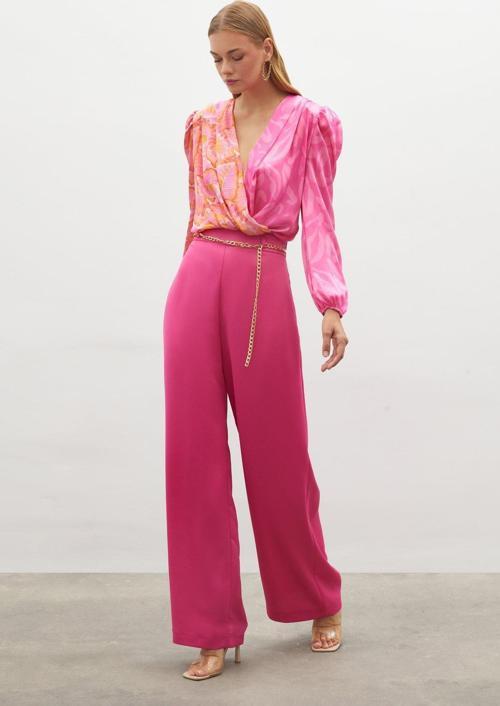 Zincirli Saten Krep Pantolon - Fuşya