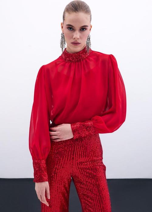 Payet Detaylı Bluz - Kırmızı