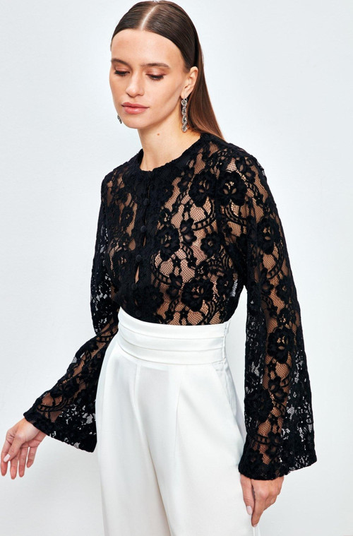 Dantelli Crop Bluz - Siyah