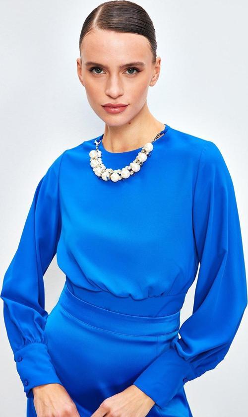 Kolye Detaylı Crop Bluz - Sax Mavi