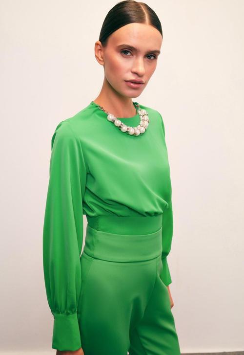 Kolye Detaylı Crop Bluz - Yeşil