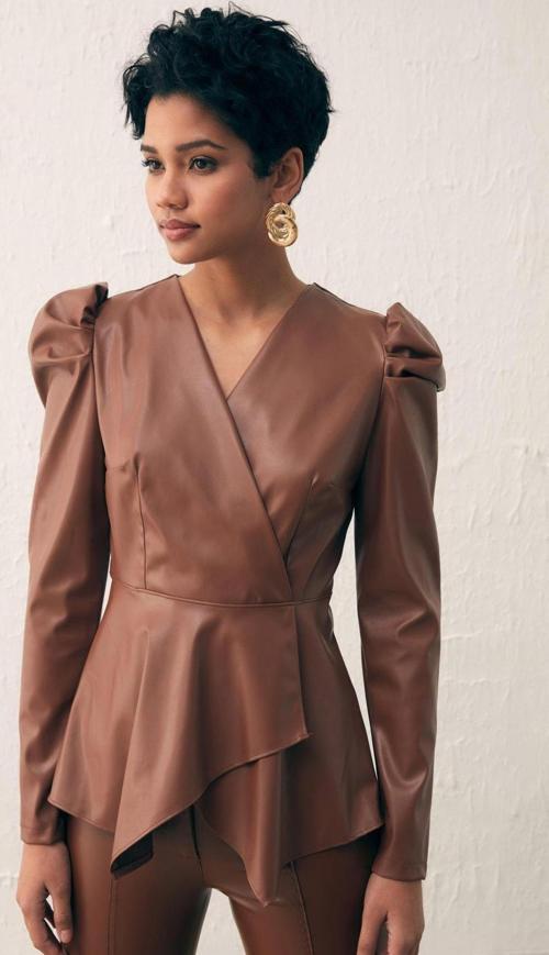 Kruvaze Deri Bluz - Kahve