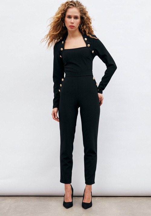 Düğme Detaylı Pantolon - Siyah