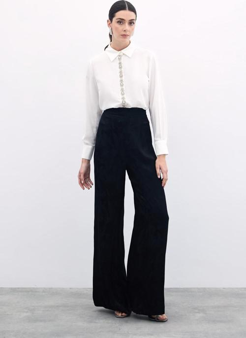 Jakarlı Bol Paça Pantolon - Siyah