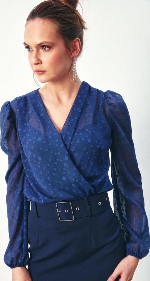 Desenli Kruvaze Bodysuit Bluz - Lacivert