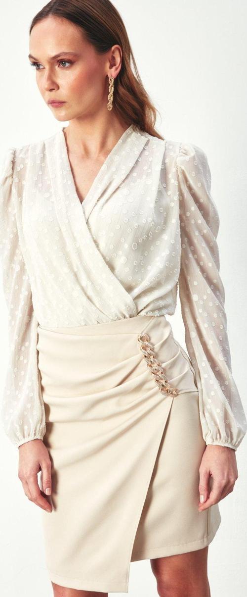 Desenli Kruvaze Bodysuit Bluz - Taş