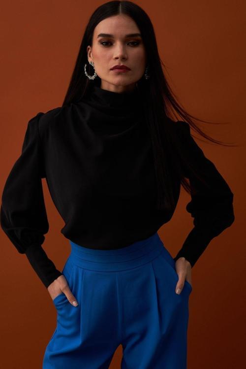 Drape Detaylı  Bluz - Siyah