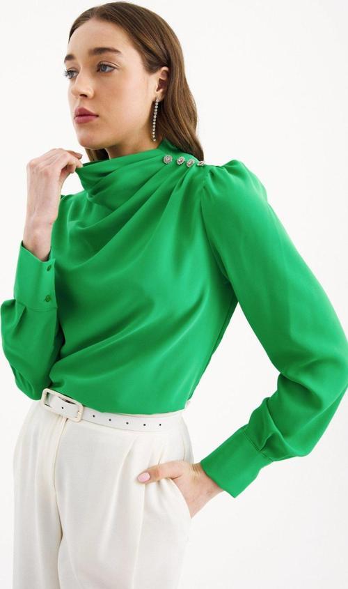 Düğmeleri Taş Detaylı Bluz - Yeşil