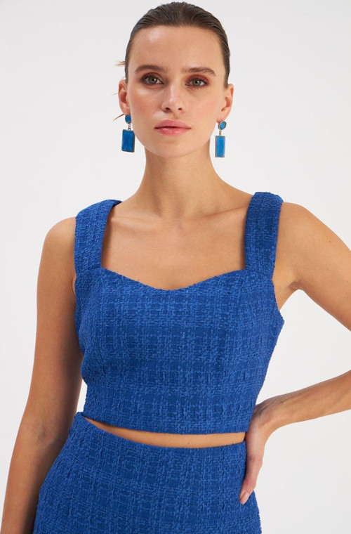 Askılı Tüvit Crop Bluz - Sax Mavi