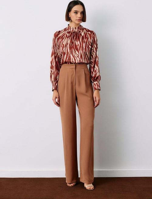 Pileli Krep Pantolon - Camel