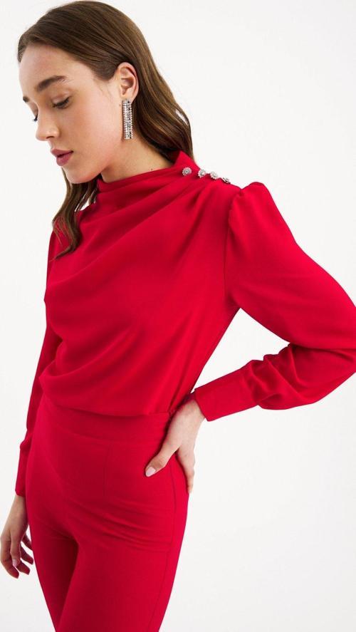 Düğmeleri Taş Detaylı Bluz - Kırmızı