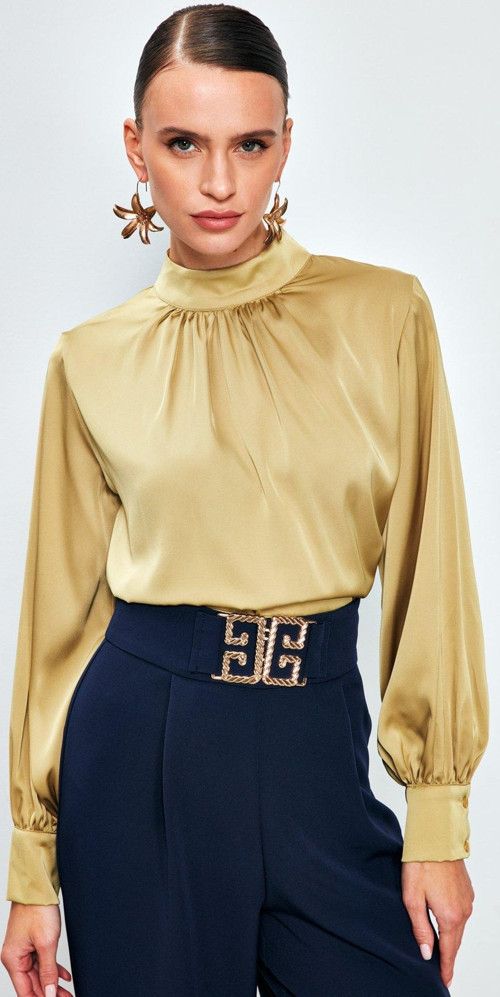 Yaka Detaylı Saten Bluz - Olive