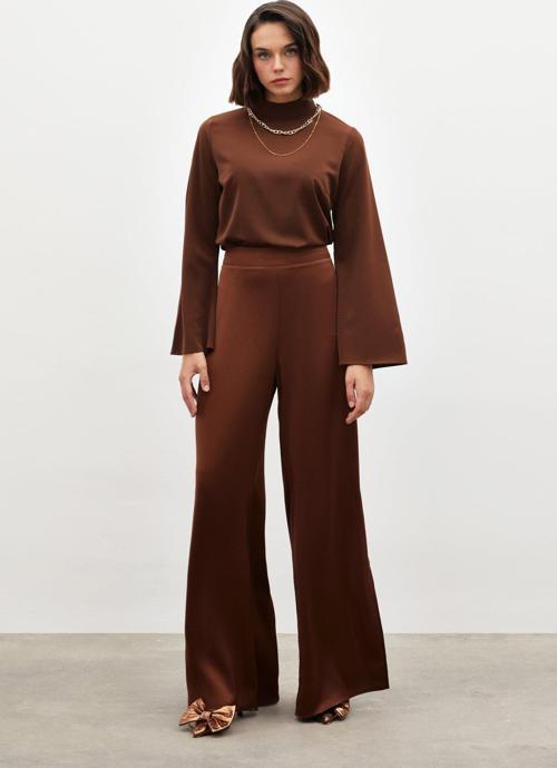 Yırtmaç Detaylı Saten Pantolon - Kahve